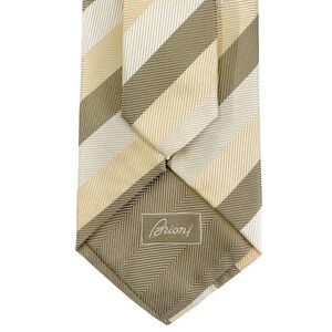 Brioni Men's 100% Silk Tie Handmade in Italy Olive Beige Diagonal Stripe Luxury‎
